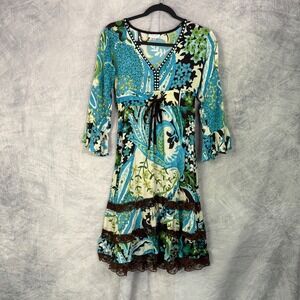 Vtg Y2K Tiered Ruffle Lace Trim Babydoll Dress Beaded Tie Waist Sz S Teal Brown